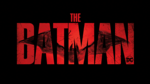 The Batman 2021 logo featuring bold red text with a gritty texture and the iconic bat symbol in the background, set against a black backdrop.